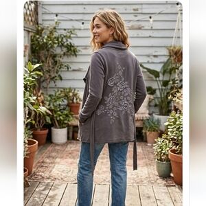 VTG Lucky Brand Embroidered Rose Wrap Cardigan Boho - Charcoal Gray